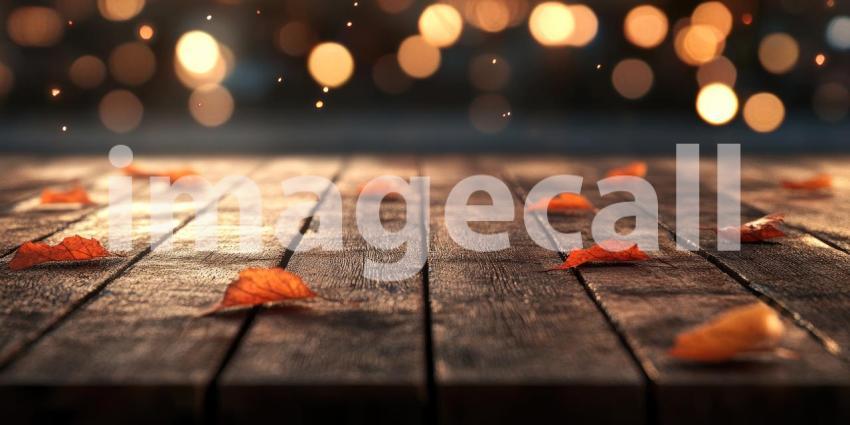 Autumnal Delight: Fresh Oranges on a Wooden Table with Falling Leaves and Raindrops