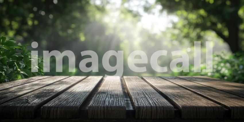 Tranquil Garden View: Wooden Tabletop with Lush Greenery Background
