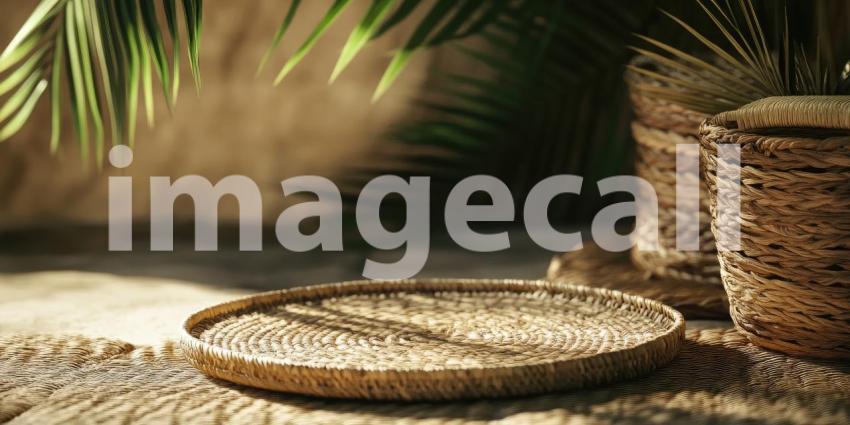 Warm and Earthy: A Woven Basket and Tray in a Sunlit Corner