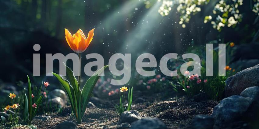 A Serene Garden Oasis: A Stream Winds Through a Meadow of Vibrant Tulips