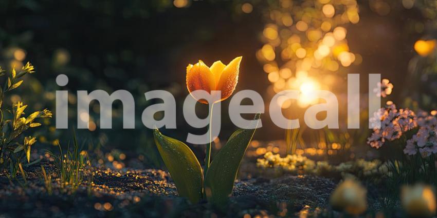 A Serene Garden Oasis: A Stream Winds Through a Meadow of Vibrant Tulips