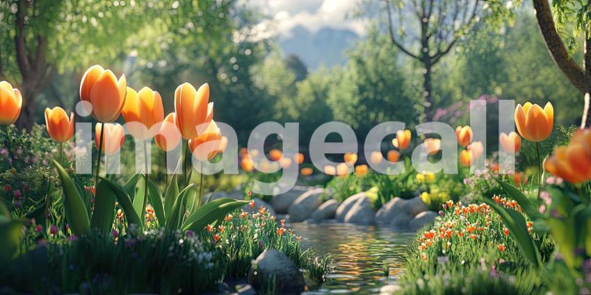 A Serene Garden Oasis: A Stream Winds Through a Meadow of Vibrant Tulips