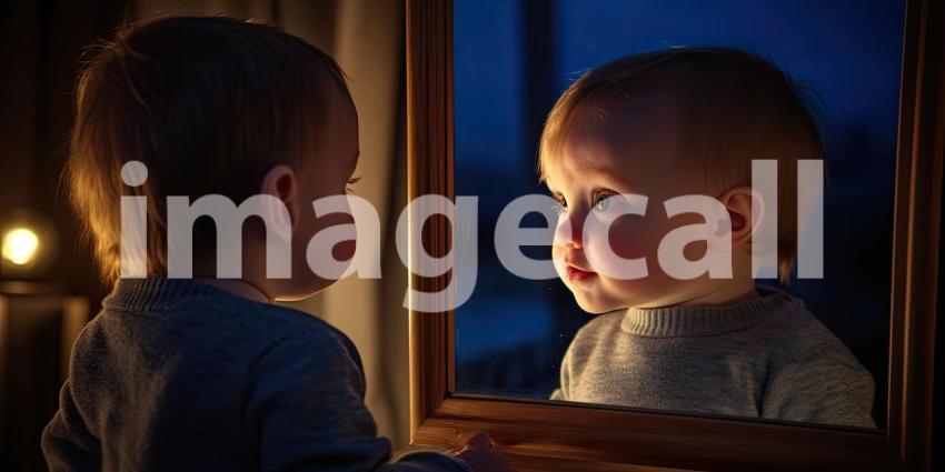 Curious Child at the Mirror: Young Boy in Grey Sweater Observing Own Reflection in Cozy, Dimly Lit Room