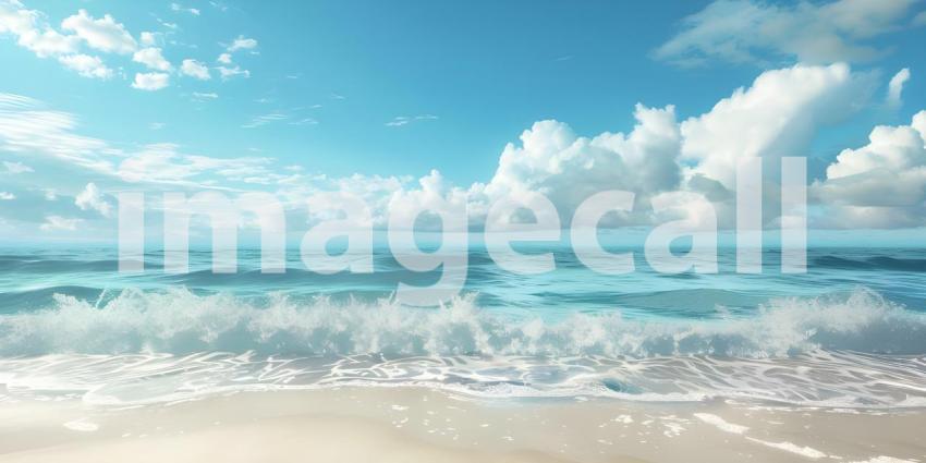 Endless Horizon: A Tranquil Beachscape with White Clouds Drifting Across a Sapphire Sky