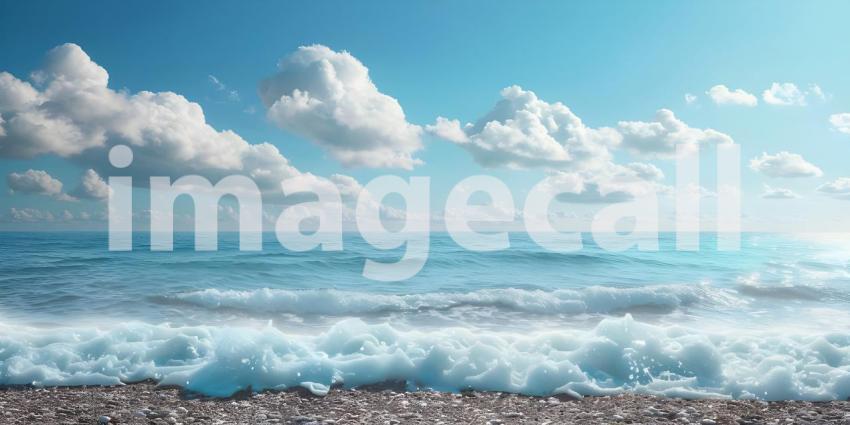 Endless Horizon: A Tranquil Beachscape with White Clouds Drifting Across a Sapphire Sky