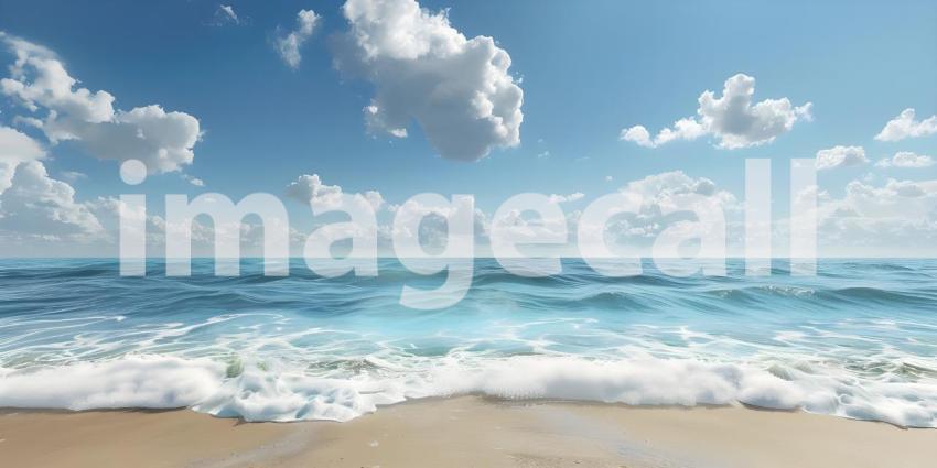 Endless Horizon: A Tranquil Beachscape with White Clouds Drifting Across a Sapphire Sky