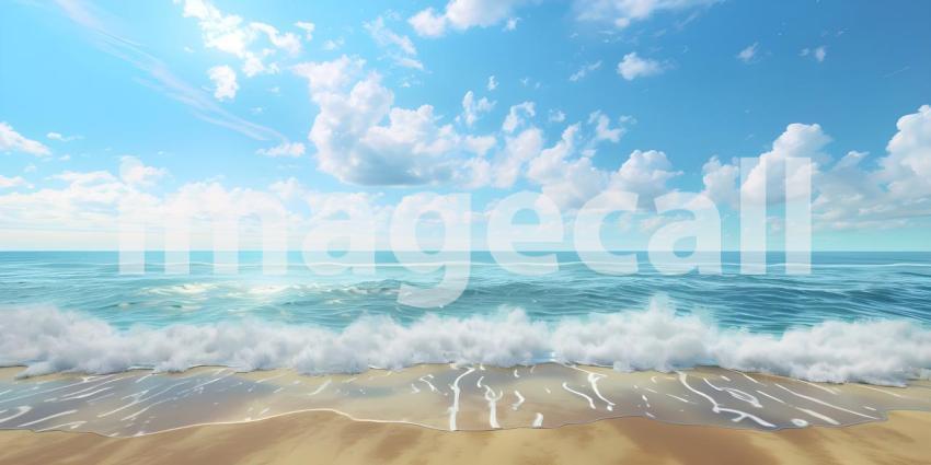 Endless Horizon: A Tranquil Beachscape with White Clouds Drifting Across a Sapphire Sky
