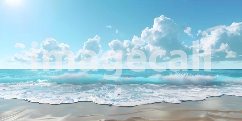 Endless Horizon: A Tranquil Beachscape with White Clouds Drifting Across a Sapphire Sky