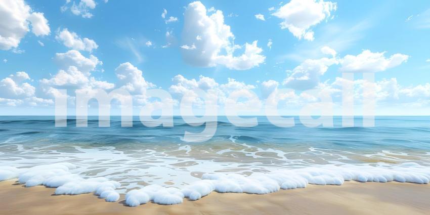 Endless Horizon: A Tranquil Beachscape with White Clouds Drifting Across a Sapphire Sky