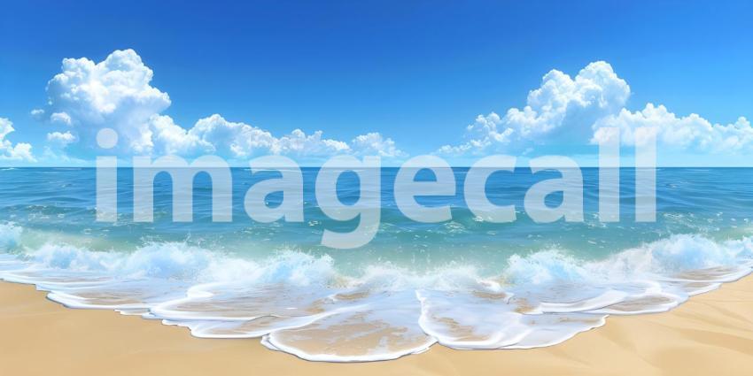 Endless Horizon: A Tranquil Beachscape with White Clouds Drifting Across a Sapphire Sky