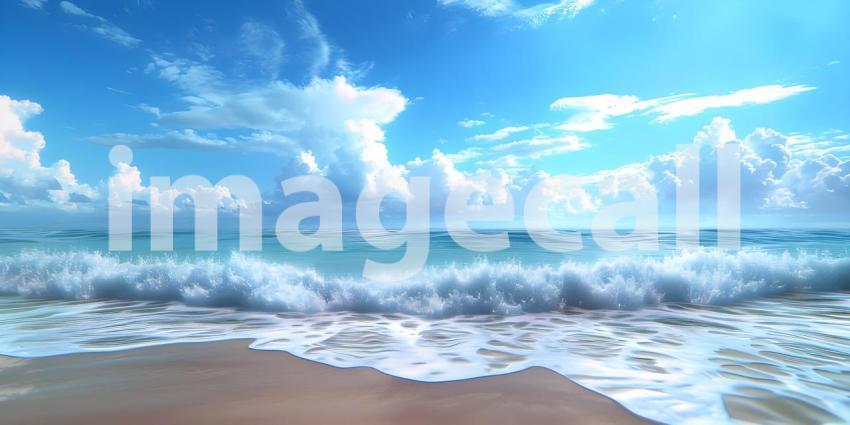 Endless Horizon: A Tranquil Beachscape with White Clouds Drifting Across a Sapphire Sky