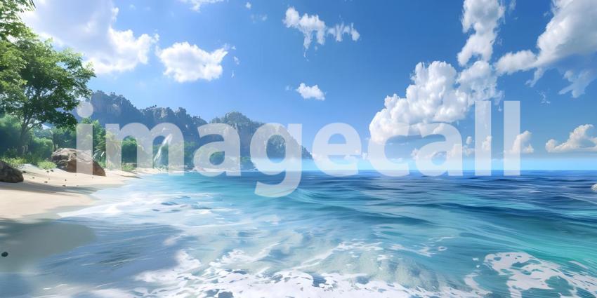 Endless Horizon: A Tranquil Beachscape with White Clouds Drifting Across a Sapphire Sky