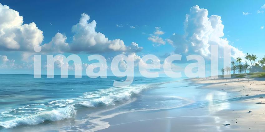 Endless Horizon: A Tranquil Beachscape with White Clouds Drifting Across a Sapphire Sky