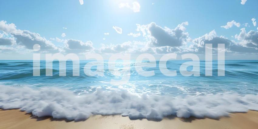 Endless Horizon: A Tranquil Beachscape with White Clouds Drifting Across a Sapphire Sky