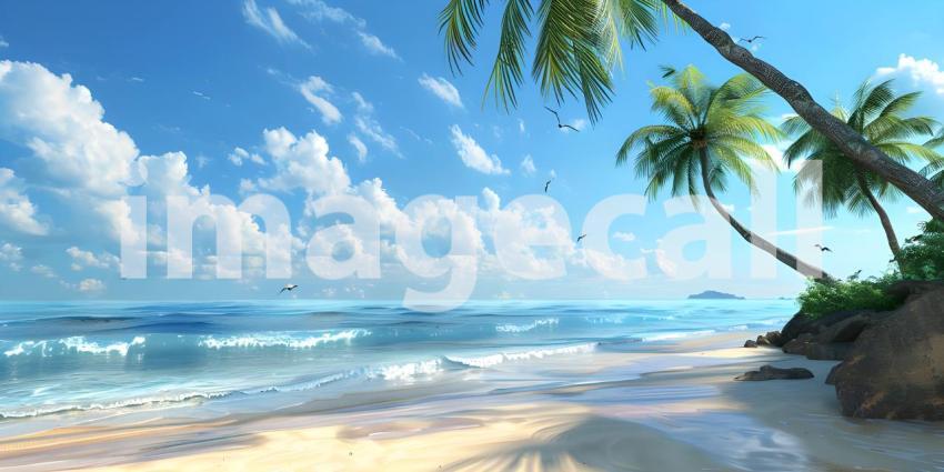 Endless Horizon: A Tranquil Beachscape with White Clouds Drifting Across a Sapphire Sky