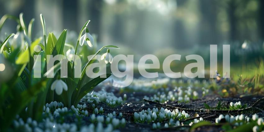 Springtime Serenity: A Mountain Landscape with Blooming Crocuses and a Sunlit Sky