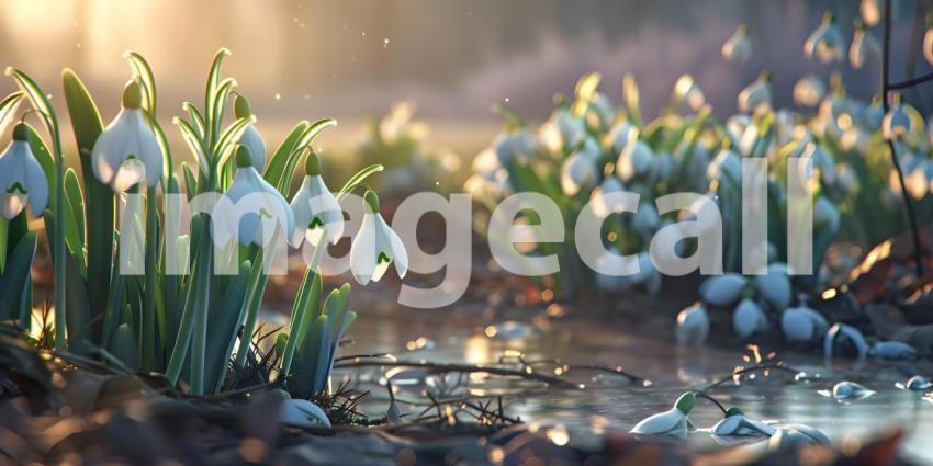 Springtime Serenity: A Mountain Landscape with Blooming Crocuses and a Sunlit Sky