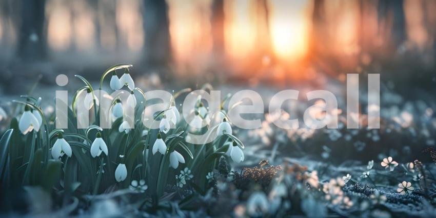 Springtime Serenity: A Mountain Landscape with Blooming Crocuses and a Sunlit Sky