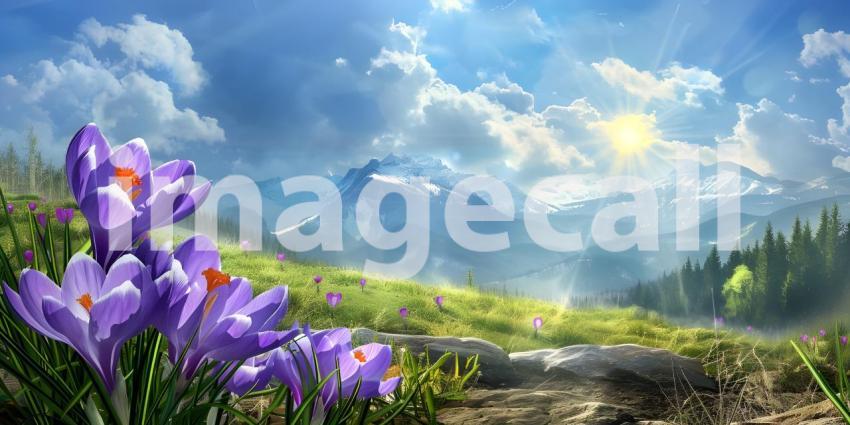 Springtime Serenity: A Mountain Landscape with Blooming Crocuses and a Sunlit Sky