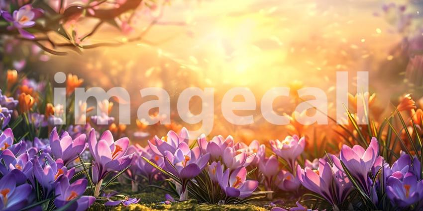 Springtime Serenity: A Mountain Landscape with Blooming Crocuses and a Sunlit Sky