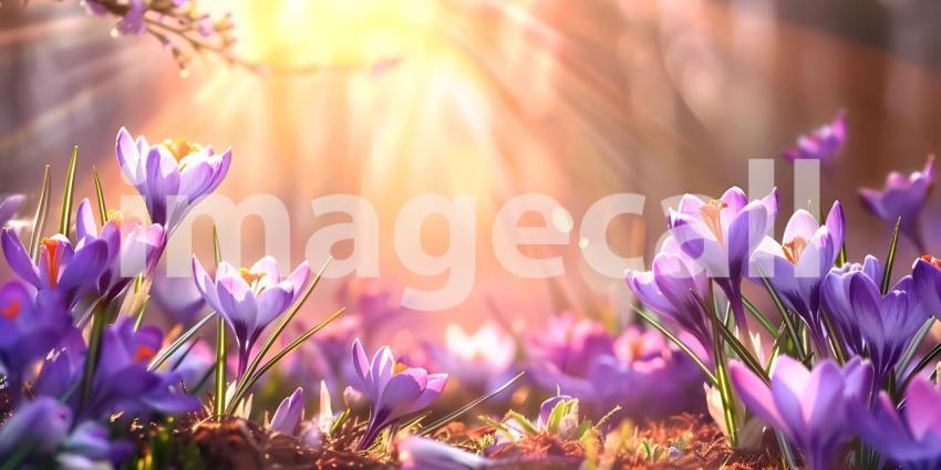 Springtime Serenity: A Mountain Landscape with Blooming Crocuses and a Sunlit Sky