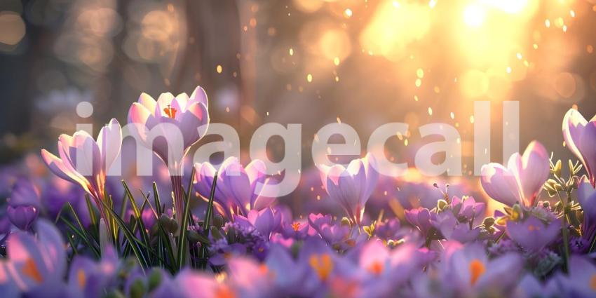 Springtime Serenity: A Mountain Landscape with Blooming Crocuses and a Sunlit Sky