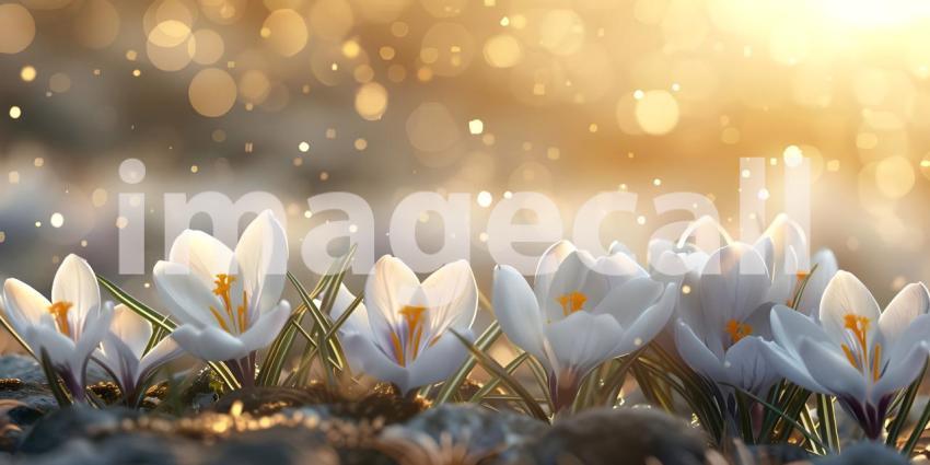 Springtime Serenity: A Mountain Landscape with Blooming Crocuses and a Sunlit Sky
