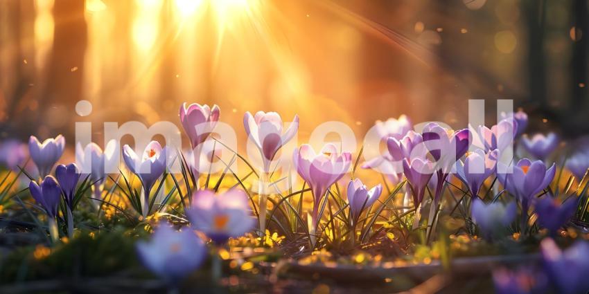 Springtime Serenity: A Mountain Landscape with Blooming Crocuses and a Sunlit Sky