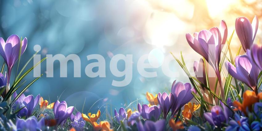 Springtime Serenity: A Mountain Landscape with Blooming Crocuses and a Sunlit Sky