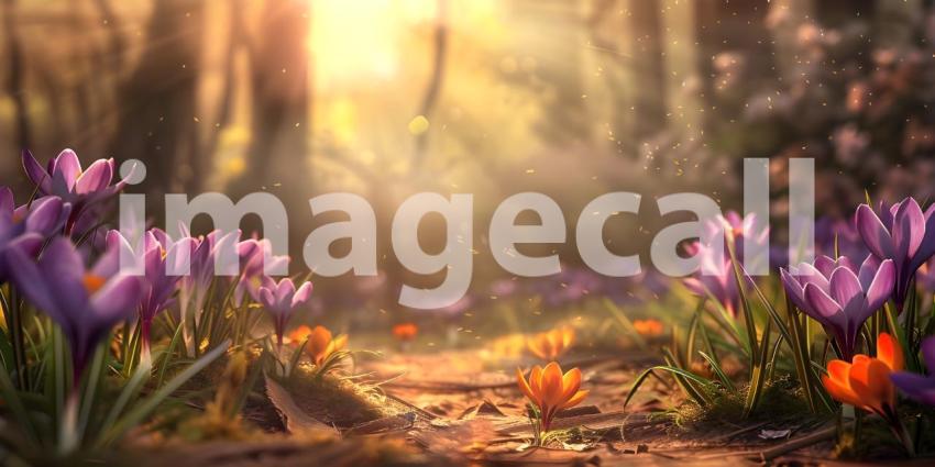 Springtime Serenity: A Mountain Landscape with Blooming Crocuses and a Sunlit Sky