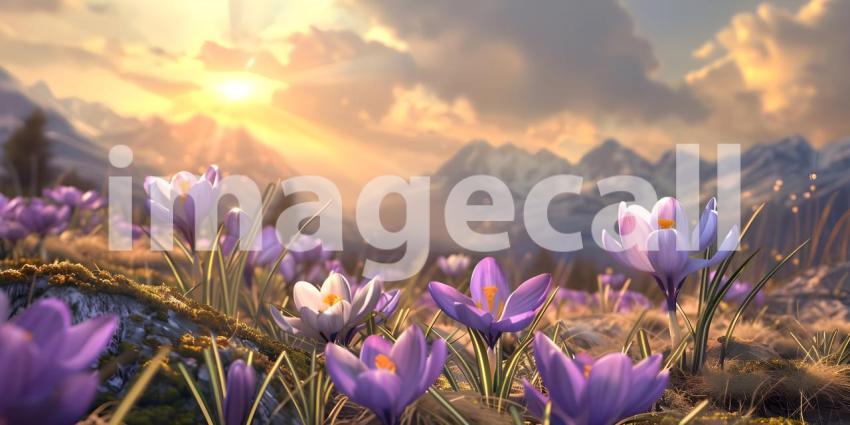 Springtime Serenity: A Mountain Landscape with Blooming Crocuses and a Sunlit Sky
