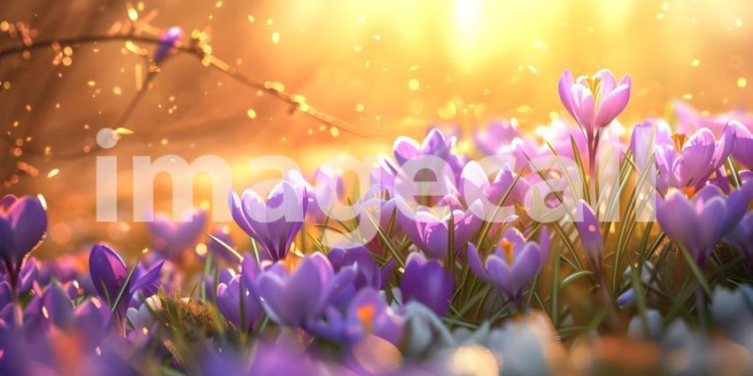 Springtime Serenity: A Mountain Landscape with Blooming Crocuses and a Sunlit Sky