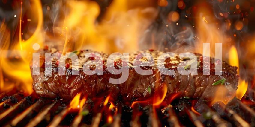 Sizzling Steaks on the Grill: A Mouthwatering Scene of Flames and Juicy Meat