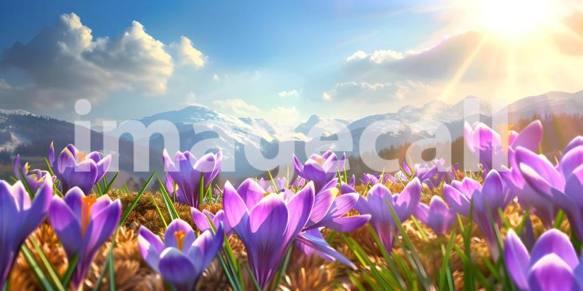 Springtime Serenity: A Mountain Landscape with Blooming Crocuses and a Sunlit Sky