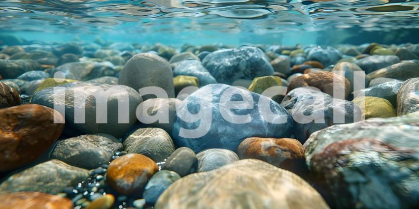 Sun-Dappled Riverbed: A Mosaic of Smooth Stones Glistening Under the Water's Surface