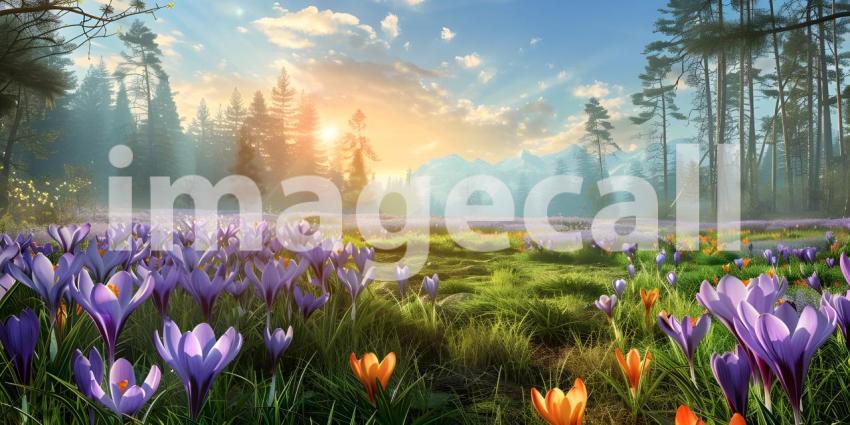 Springtime Serenity: A Mountain Landscape with Blooming Crocuses and a Sunlit Sky