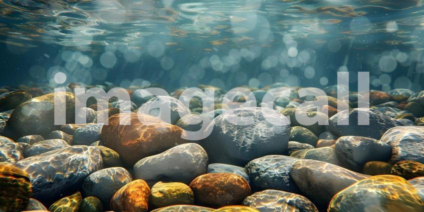 Sun-Dappled Riverbed: A Mosaic of Smooth Stones Glistening Under the Water's Surface