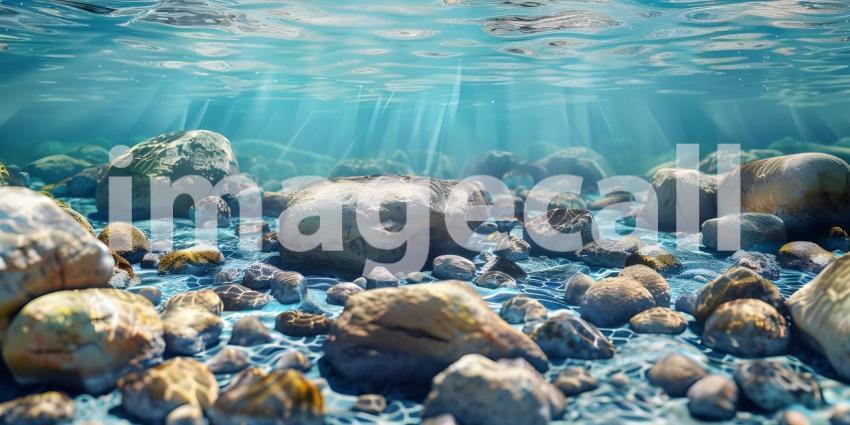 Sun-Dappled Riverbed: A Mosaic of Smooth Stones Glistening Under the Water's Surface