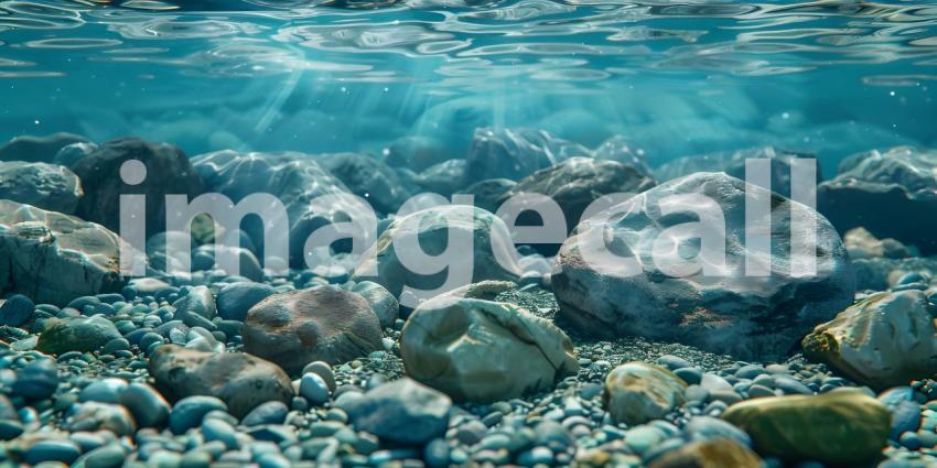 Sun-Dappled Riverbed: A Mosaic of Smooth Stones Glistening Under the Water's Surface