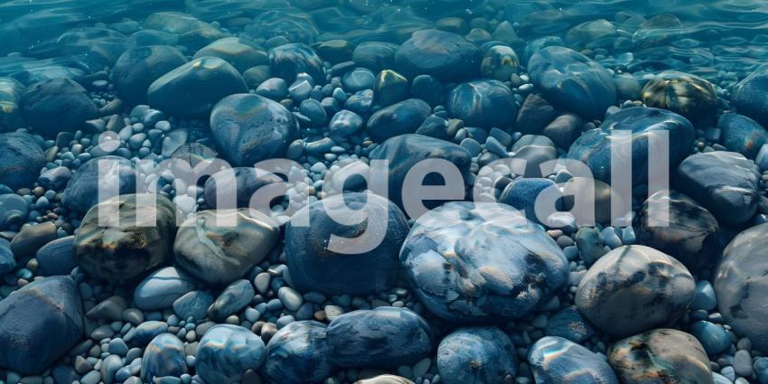 Sun-Dappled Riverbed: A Mosaic of Smooth Stones Glistening Under the Water's Surface