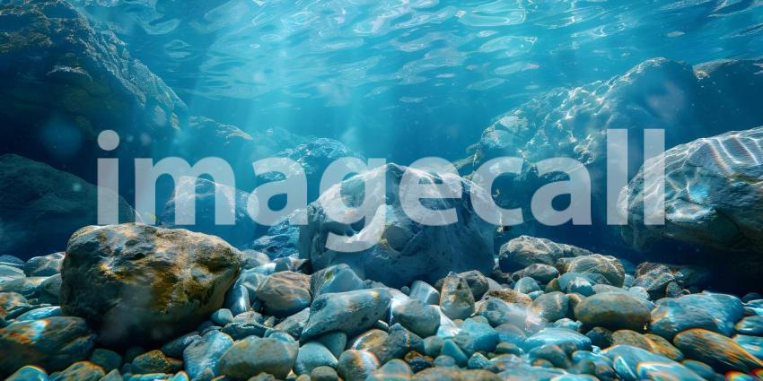 Sun-Dappled Riverbed: A Mosaic of Smooth Stones Glistening Under the Water's Surface