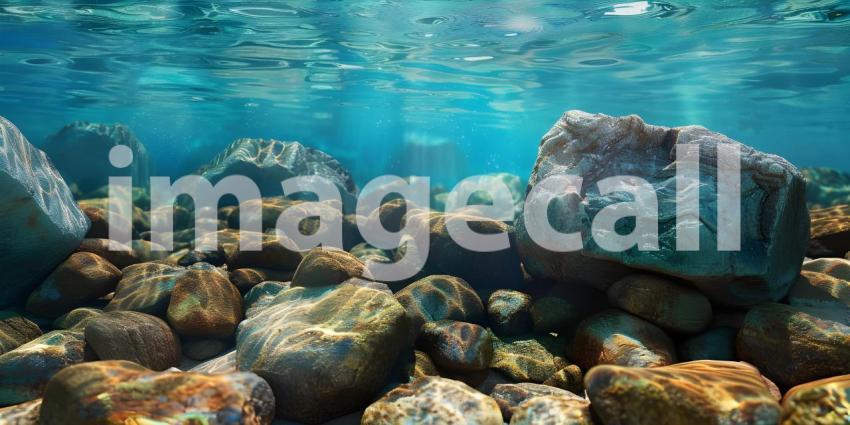 Sun-Dappled Riverbed: A Mosaic of Smooth Stones Glistening Under the Water's Surface