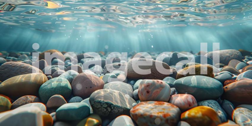 Sun-Dappled Riverbed: A Mosaic of Smooth Stones Glistening Under the Water's Surface