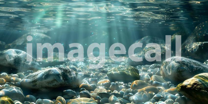 Sun-Dappled Riverbed: A Mosaic of Smooth Stones Glistening Under the Water's Surface
