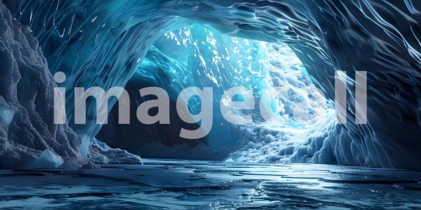 A Frozen Cathedral: A Majestic Ice Cave with Icicles and a Serene Landscape
