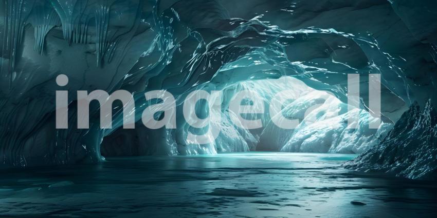 A Frozen Cathedral: A Majestic Ice Cave with Icicles and a Serene Landscape