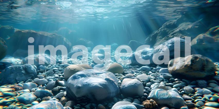 Sun-Dappled Riverbed: A Mosaic of Smooth Stones Glistening Under the Water's Surface