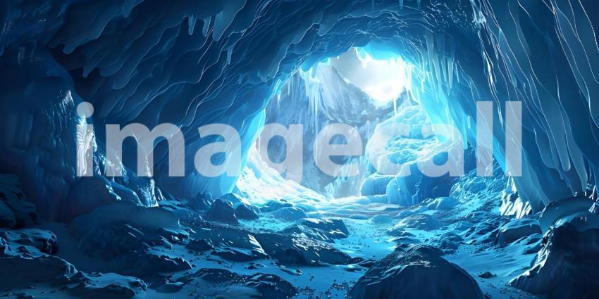 A Frozen Cathedral: A Majestic Ice Cave with Icicles and a Serene Landscape