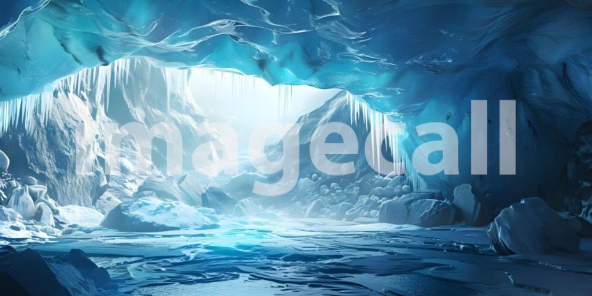 A Frozen Cathedral: A Majestic Ice Cave with Icicles and a Serene Landscape