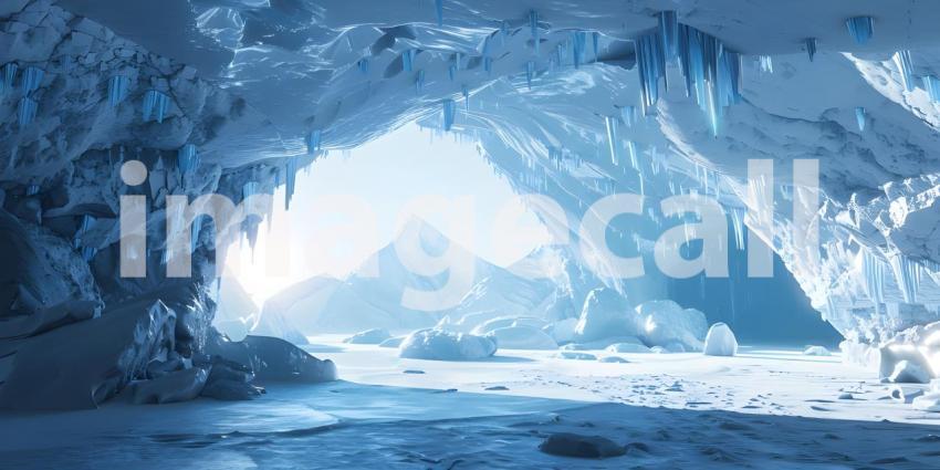 A Frozen Cathedral: A Majestic Ice Cave with Icicles and a Serene Landscape